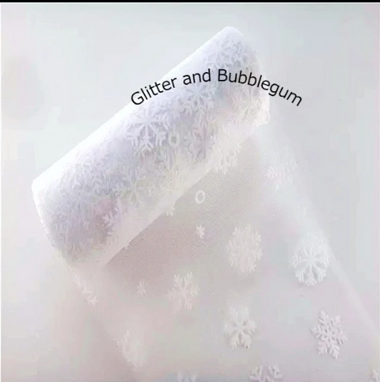 Tulle 6 inch wide with snowflakes white 10 yard roll