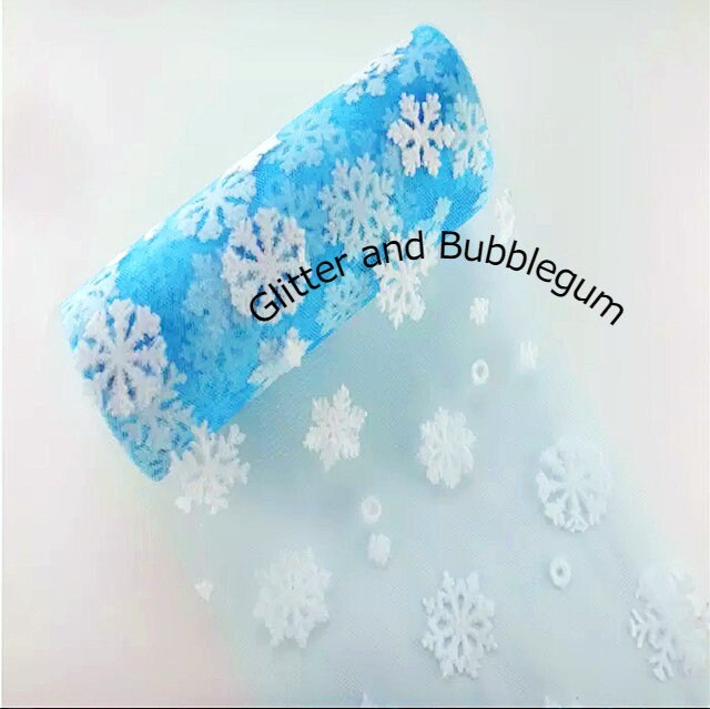 Tulle 6 inch wide with snowflakes Lake Blue 10 yard roll