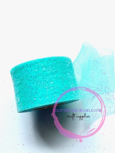 Aqua glitter tulle 2 inch wide 20 to 25 yard roll