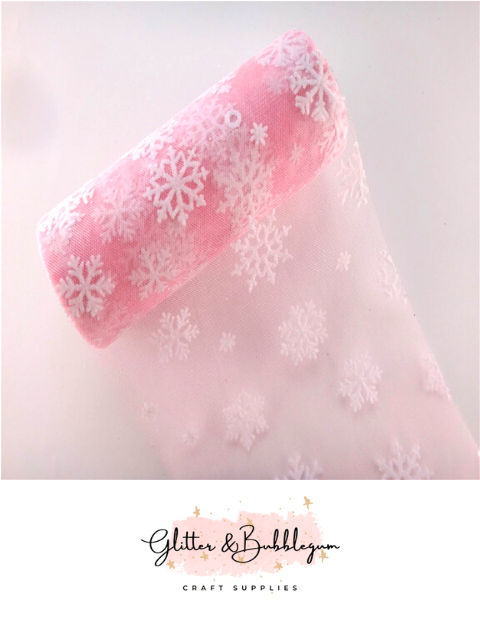 Tulle 6 inch wide with snowflakes in Pink 10 yard roll