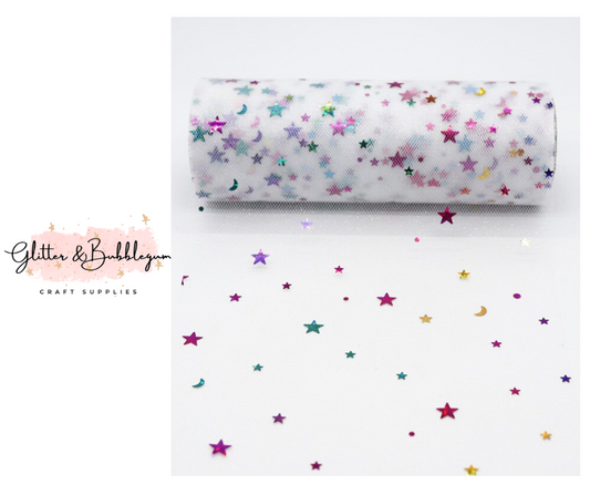 Tulle 6 inch wide with moon and stars white 10 yards