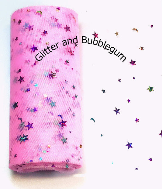 Tulle 6 inch wide with moon and stars light pink 10 yards