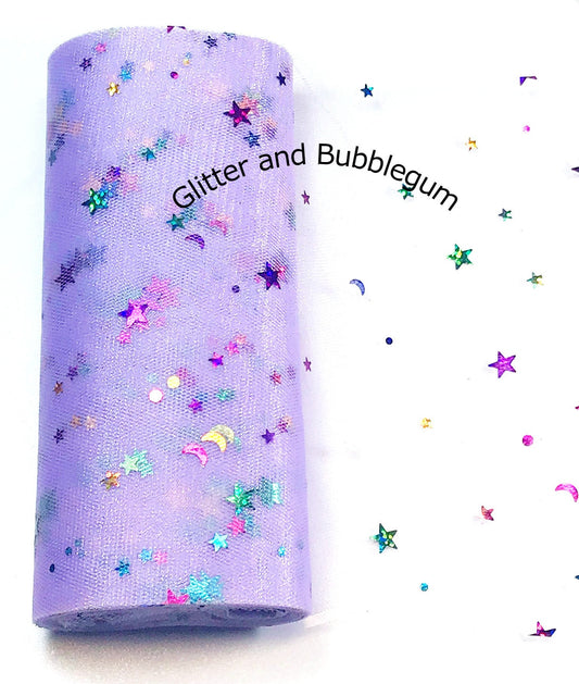 Tulle 6 inch wide with moon and stars light purple 10 yards