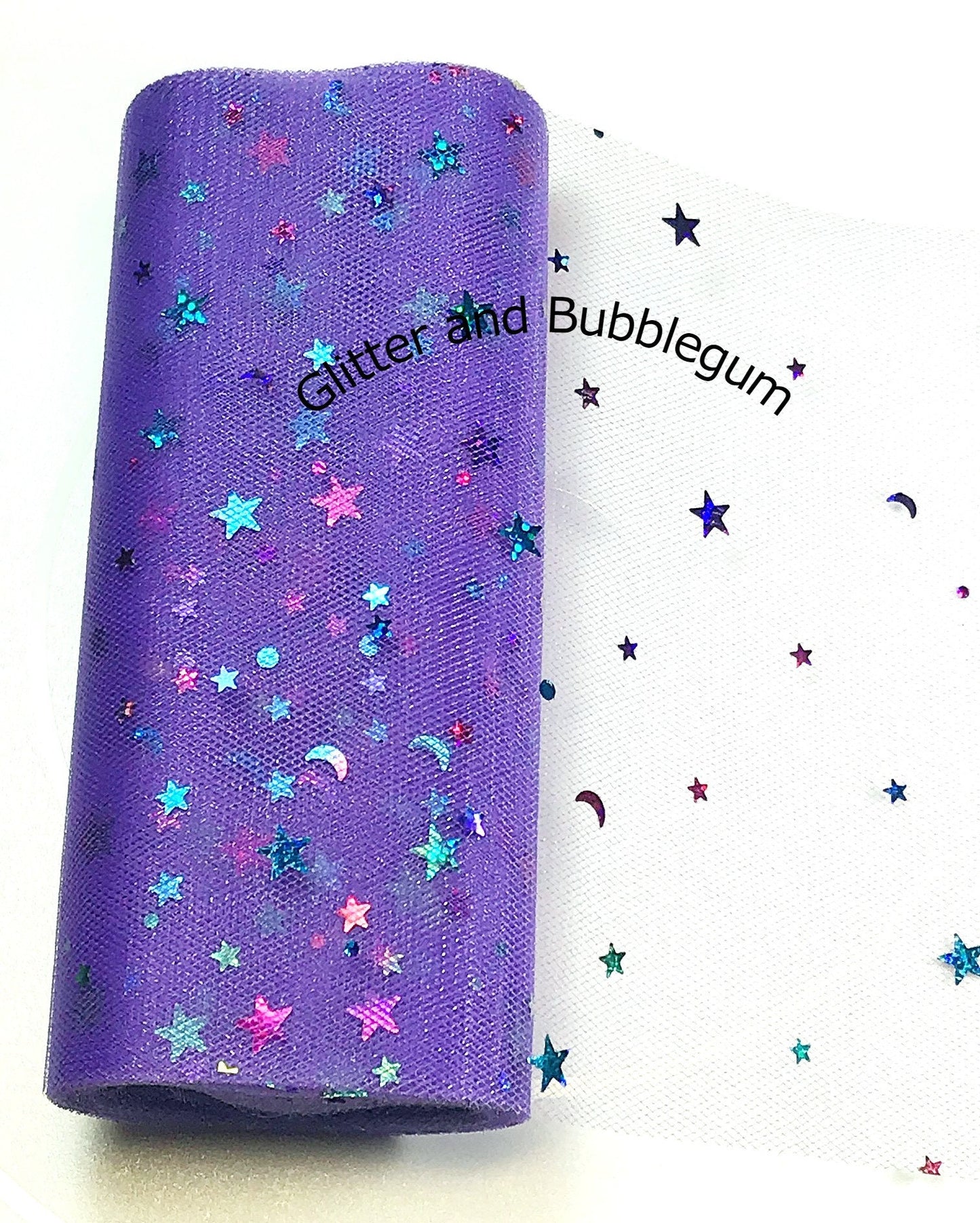 Tulle 6 inch wide with moon and stars purple 10 yards