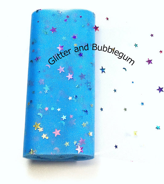 Tulle 6 inch wide with moon and stars lake blue 10 yards