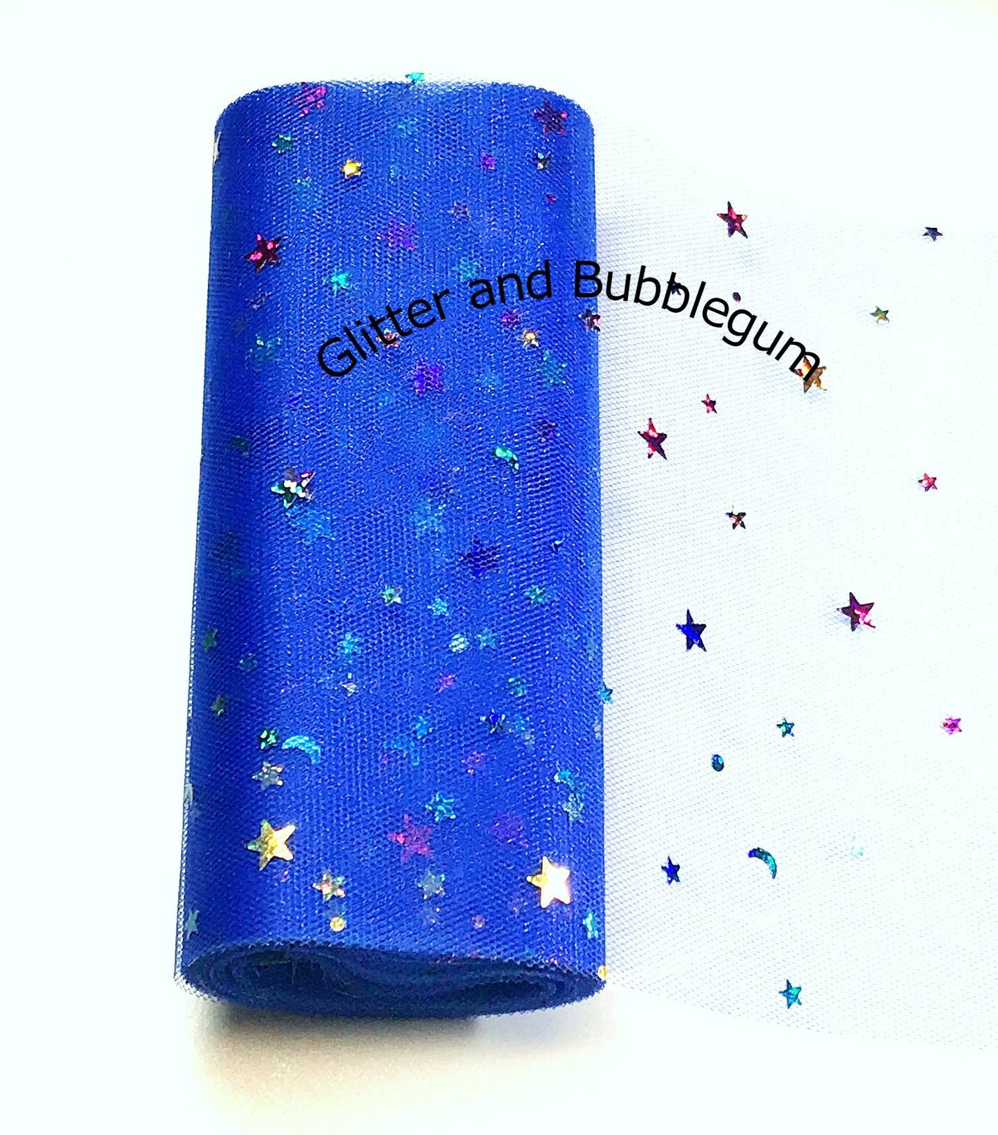 Tulle 6 inch wide with moon and stars royal blue 10 yards