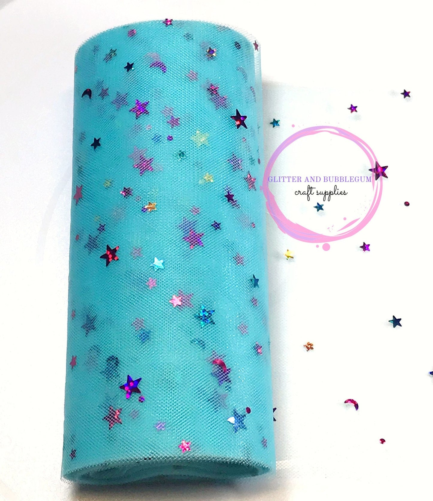 Tulle 6 inch wide with moon and stars blue 10 yards